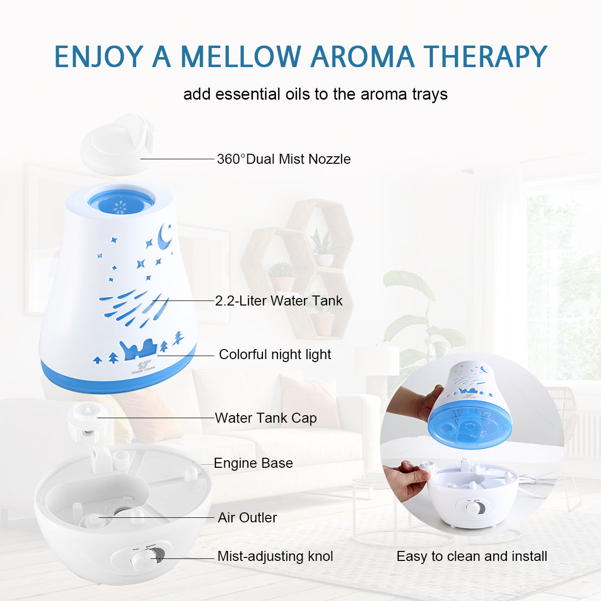 Hodiax H002A Series Blue 2.2L Water Capacity Adjustable Mist Vaporizer, Portable Humidifier, Auto Water Run-Out Protection