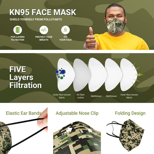 Disposable KN95 Face Mask (50PCS) - Protective 5-Layer Nose & Mouth Cover for Outdoor Use, Camo Green
